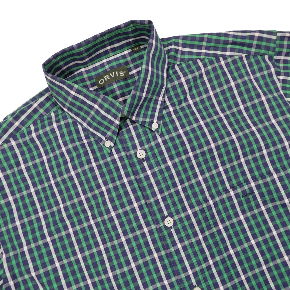 VINTAGE ORVIS Men's Size L Green Blue White Plaid Short Sleeve Button Down Shirt